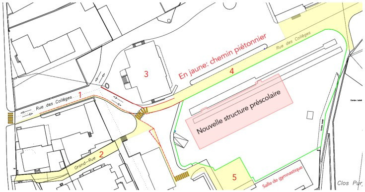 Les écoliers pourront emprunter les tronçons en jaune sur le plan en toute sécurité. (Plan: Commune de Val-de-Travers)