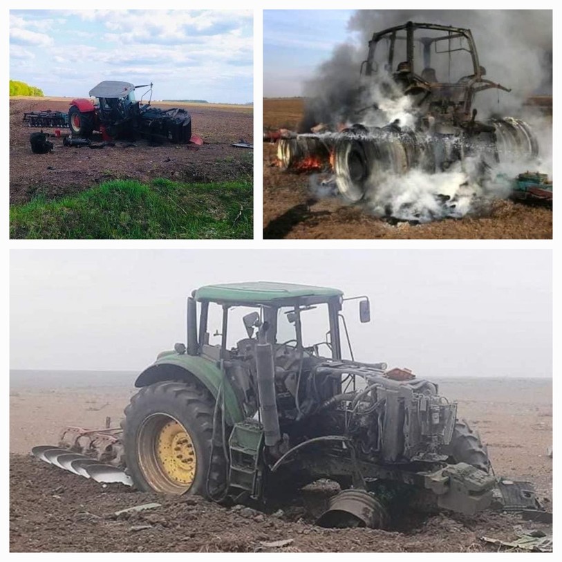 Des tracteurs ukrainiens explosés par des mines qui se trouvaient dans les champs. (Photos : Fondation Digger)