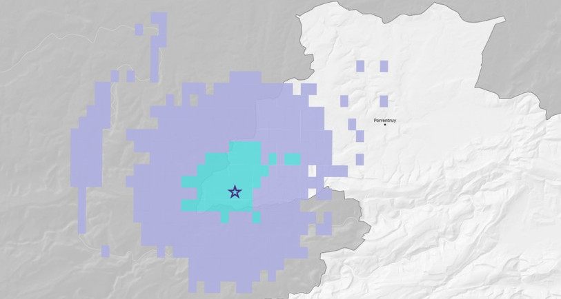 Bien que le tremblement de terre ait pu être ressenti de manière relativement forte à proximité de l'épicentre, son intensité est plutôt faible. (Image : Service sismologique suisse)