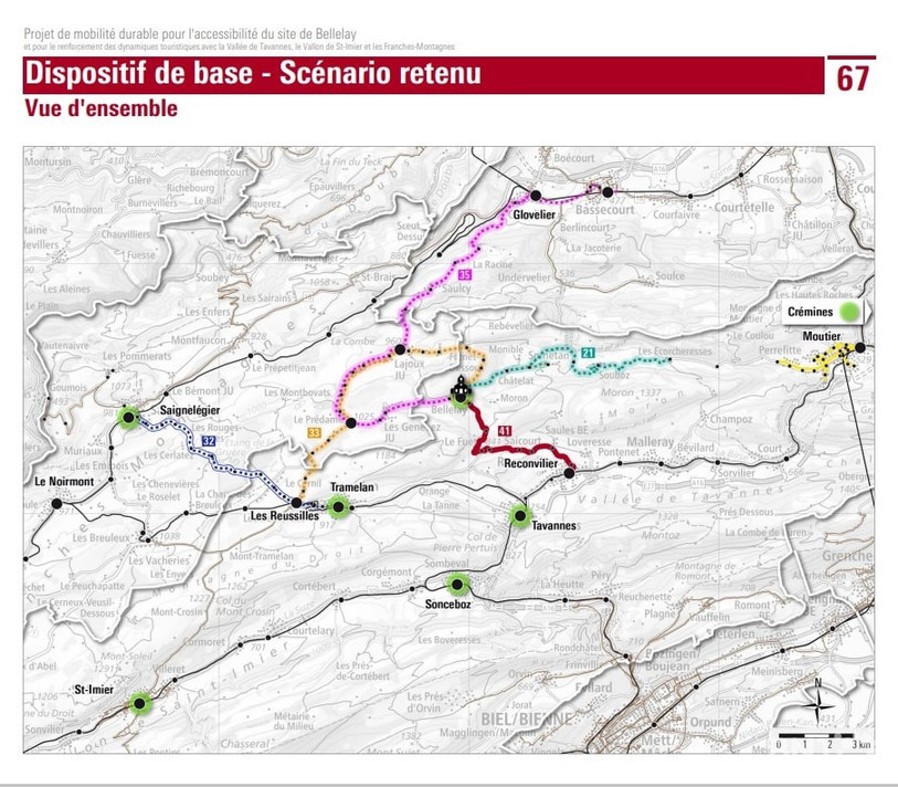 Si la suppression de la ligne de bus entre Perrefitte aux Ecorcheresses n’est pas textuellement explicitée dans l’étude CRT1, la carte du scénario retenu par la CRT montre bien l’absence d’une ligne de transport public entre les deux villages. (Image : CRT)