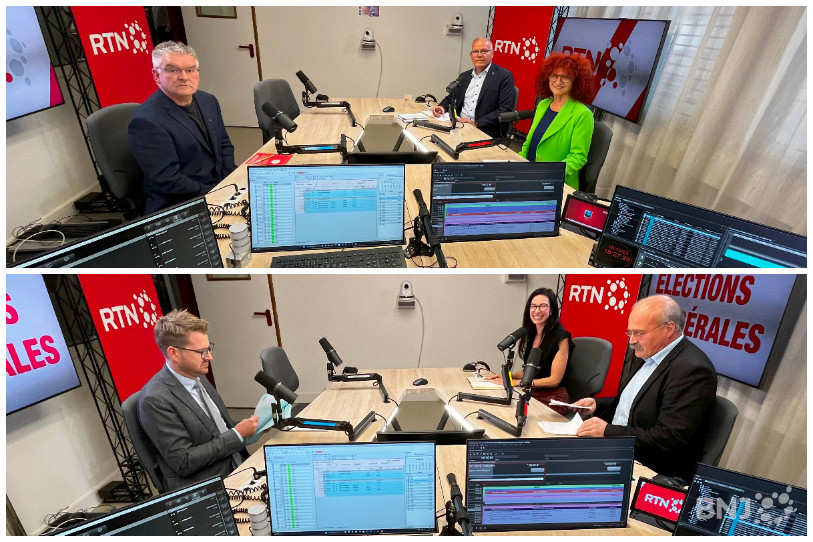 De gauche à droite et de haut en bas : les candidats au Conseil d'Etat Denis de la Reussille (POP), Daniel Berger (UDC), Brigitte Leitenberg (PVL), Baptiste Hurni (PS), Céline Vara (Les Verts) et Philippe Bauer (PLR) ont débattu jeudi dans le studio de RTN.