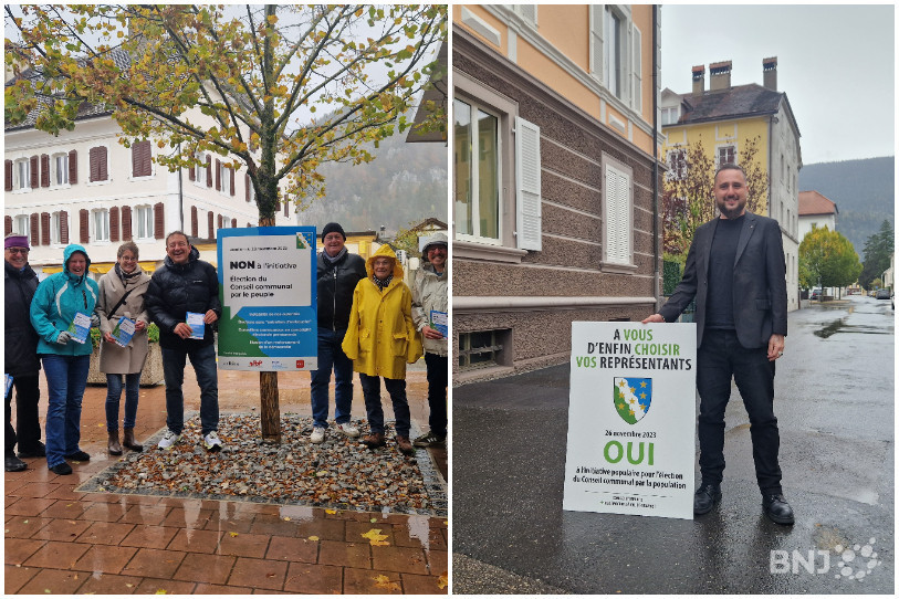 Les membres du comité interpartis (POP, PS, Verts'libéraux et PLR) contre l'initiative et Niels Rosselet-Christ de l'UDC pour cette initiative.