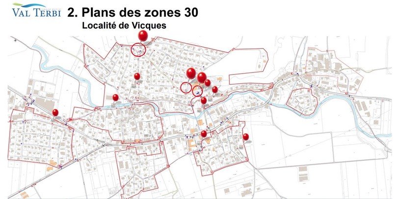 Un exemple de la mise en place des zones 30 dans la commune de Val Terbi, avec l'exemple de Vicques. (Image : commune de Val Terbi)