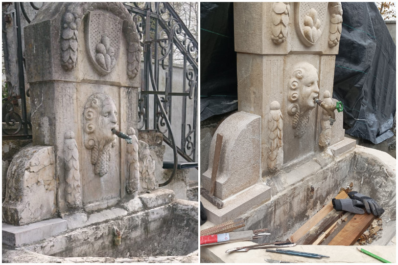 A gauche, la fontaine de la paix avant. A droite, l'objet après les interventions d'André Vuille. (Photo montage : André Vuille / BNJ).