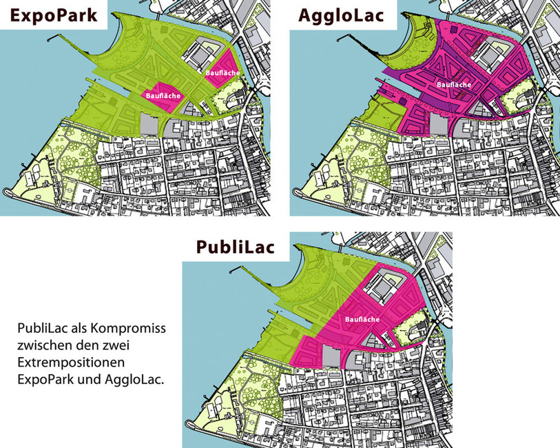 La proposition du comité d'initiative se veut un compromis entre l'actuelle zone d'ExpoPark et le futur quartier AggloLac (source Max Wiher)