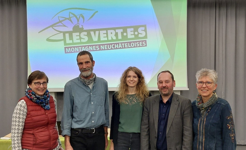 De gauche à droite : Barbara Banc, Marc Fatton, Ilinka Guyot, Michael Voegtli, Béatrice Thiémard-Clémentz. (Photo : Les Verts Montagnes neuchâteloises)