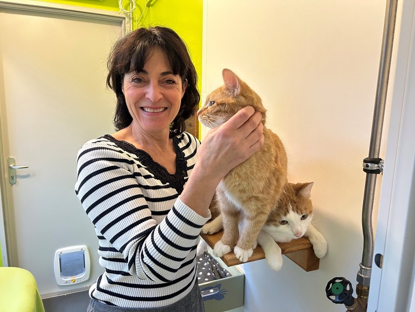 Claudia Zuber avec Melvin et Yoda, deux des chats de l'AJPA.