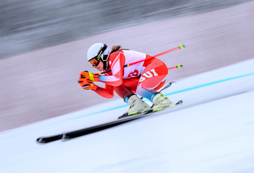 Justine Herzog, lors du super-G des Jeux olympiques de la jeunesse, en Corée du Sud (Photo: Joël Marklund).