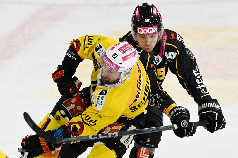Le match entre Ajoie et Berne fut serré comme le montre ce duel entre deux buteurs du soir : l’Ajoulot Guillaume Asselin et le Bernois Tristan Scherwey. (photo : KEYSTONE/Marcel Bieri)