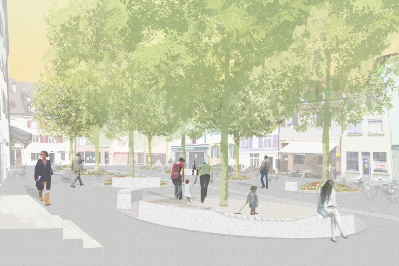 Un plan de la place Roland-Béguelin dans le futur. (Illustration : Pascal Heyraux)