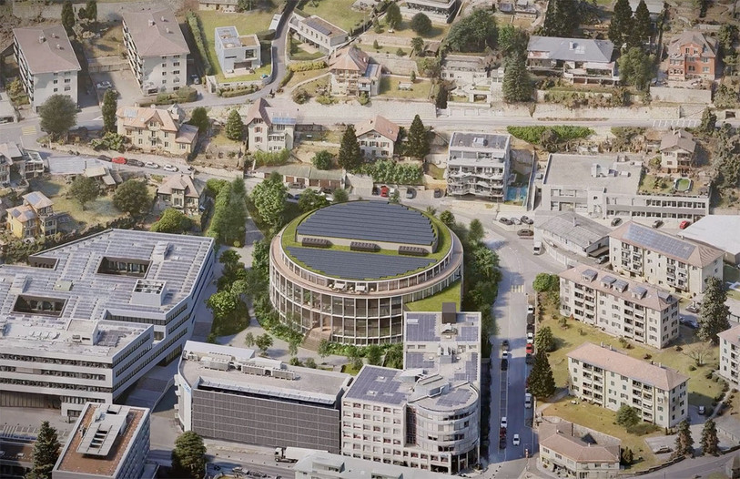 Au nord du CSEM, le nouveau bâtiment « la Pendule ». (Image de synthèse : www.jd7.ch.)