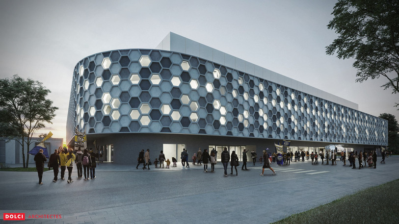 La nouvelle patinoire principale des Mélèzes accueillera 5'810 spectateurs et doit permettre au HC La Chaux-de-Fonds de retrouver l'élite du hockey suisse. (image : Dolci Architectes SA).