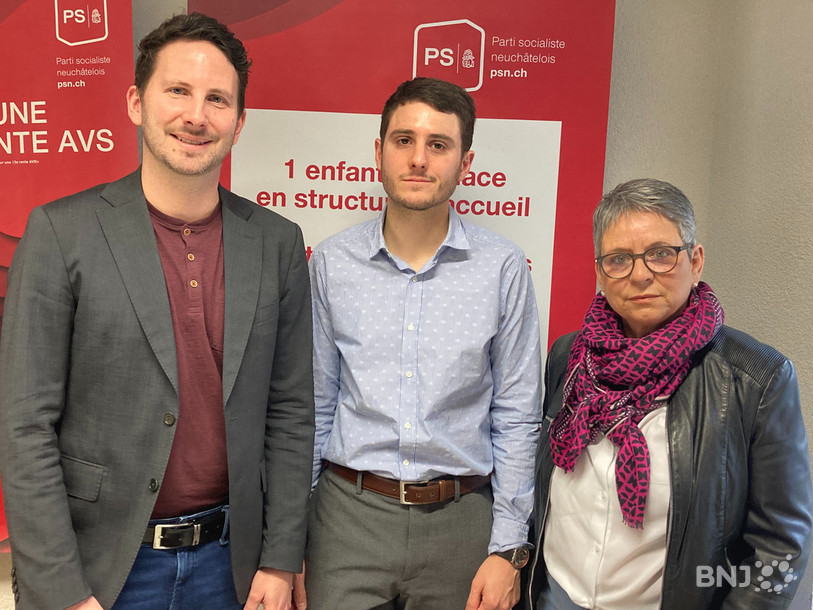 De gauche à droite: Jonathan Gretillat, président du groupe socialiste au Grand Conseil, Romain Dubois, président du Parti socialiste neuchâtelois, et Anne Macherel Rey, conseillère générale PS à Boudry.