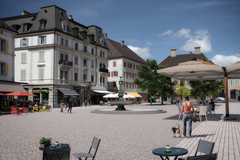À la fin des travaux de rénovation et de piétonisation, les restaurants et commerçants profiteront de vastes terrasses et d’un espace arborisé, avec une fontaine une estrade. (Photo : Ville de La Chaux-de-Fonds)