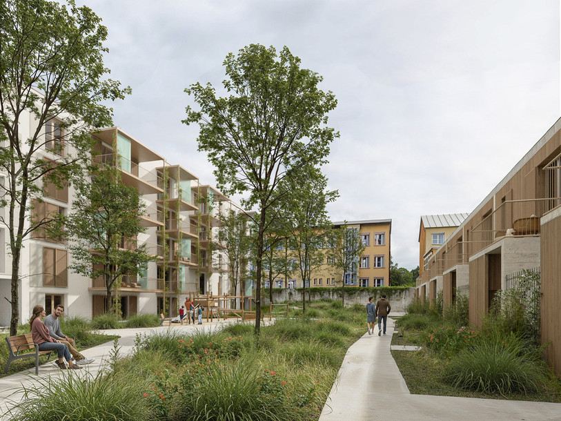 Deux bâtiments seront articulés autour d'un îlot de verdure accessible au public, le tout sur un parking souterrain. (Illustration : Stähelin Partner architectes SA)