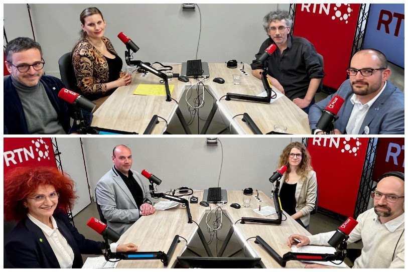 Premier plateau (en haut, de gauche à droite) : Théo Huguenin-Elie (PS), Manon Freitag (Le Centre), Karim Boukhris (POP) et Zachary Mores (PLR). Deuxième plateau (en bas, de gauche à droite) : Brigitte Leitenberg (Les Vert’libéraux), Thierry Brechbühler (UDC), Ilinka Guyot (Les Verts) et Vincent Costet (journaliste).