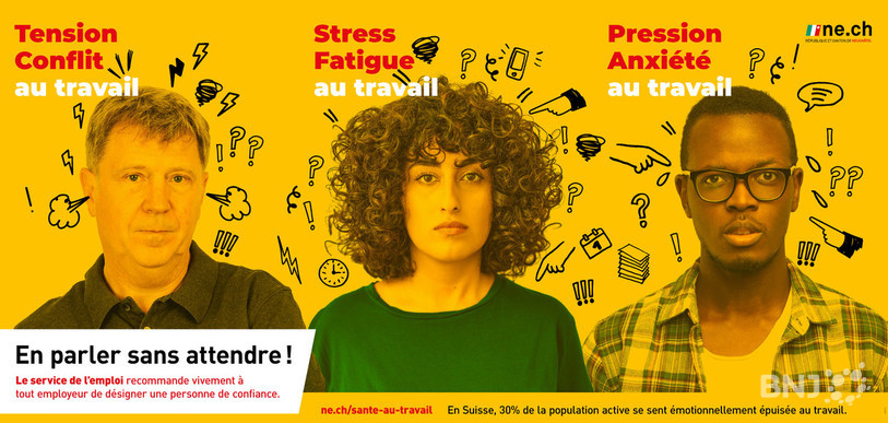 Certains visuels choisis par l'Etat de Neuchâtel dans sa campagne de prévention contre les risques psychosociaux au travail. (Image: Etat de Neuchâtel)