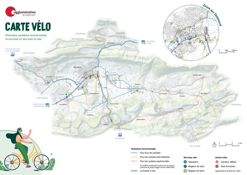 La « carte vélo » détaille les itinéraires en fonction de leur difficulté à travers l'Agglomération de Delémont. (Photo : Agglo de Delémont)