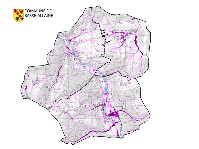 Les zones en violet sont susceptibles d'être touchées par du ruissellement. Extrait du Géoportail. Photo : EcoEng