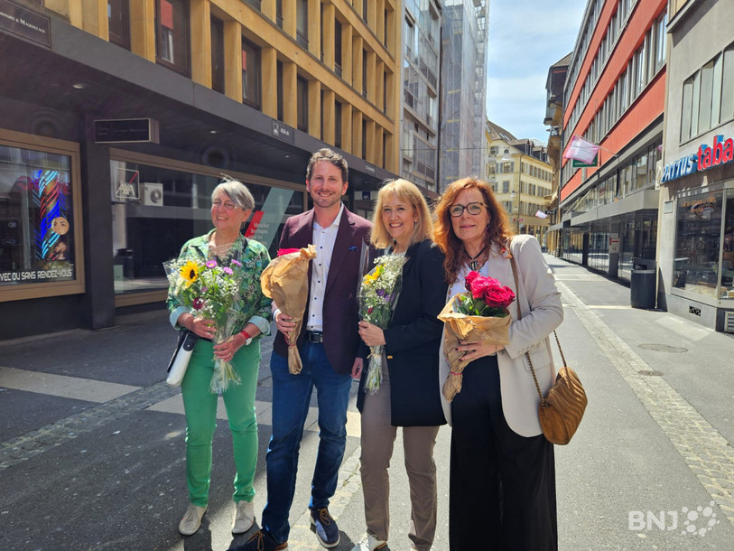 De gauche à droite : Johanna Lott Fischer (Les Verts), Jonathan Gretillat (PS), Nicole Baur (sortante, Les Verts) et Julie Courcier Delafontaine (PS) ont été élus au Conseil communal de Neuchâtel ce dimanche.