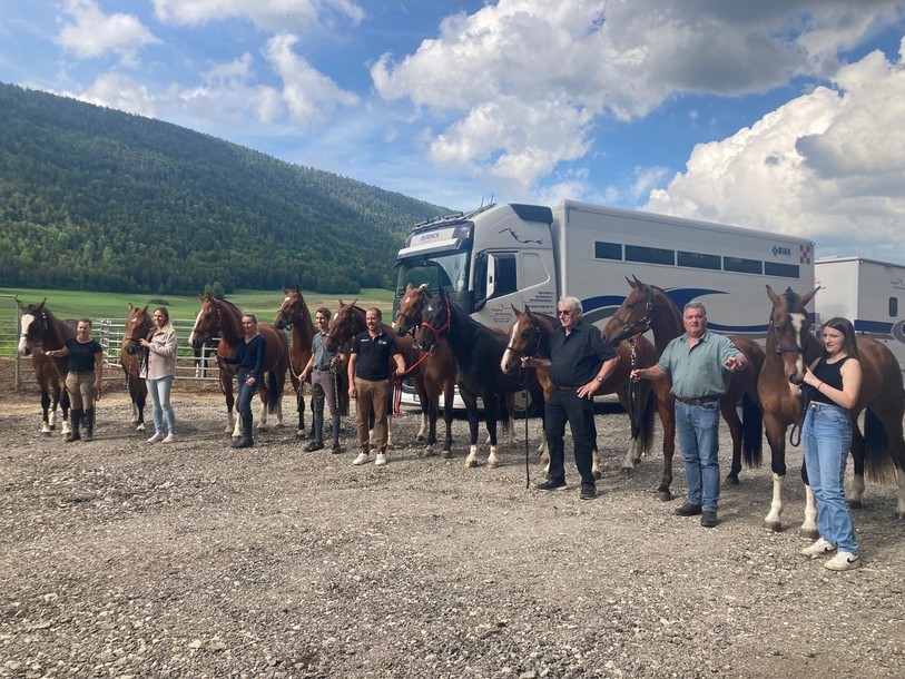 Les chevaux des quatre éleveurs du Jura et du Jura bernois, devant le camion qui les emmènera en Italie.