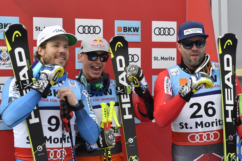 Le podium du Super-G avec le Norvégien Kjetil Jansrud et les Canadiens Erik Guay et Manuel Osborne-Paradis (de gauche à droite) (photo : Ski WM St. Moritz 2017)