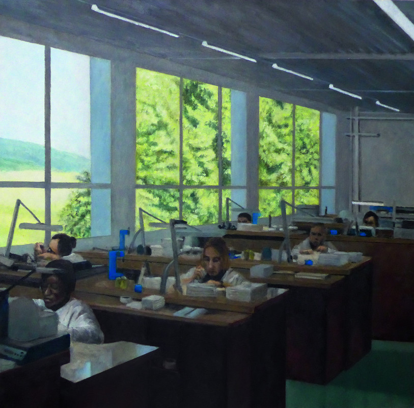 Tableau de Pascal Bourquin: vue d'un atelier d'horlogerie