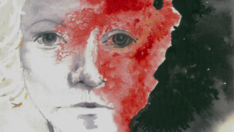 dessin d'un visage en partie rouge