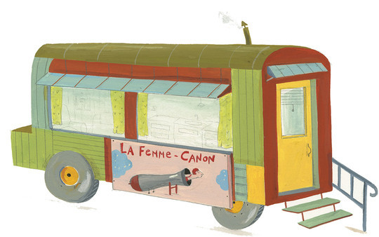 Dessin de la roulotte de la femme-canon par Albertine