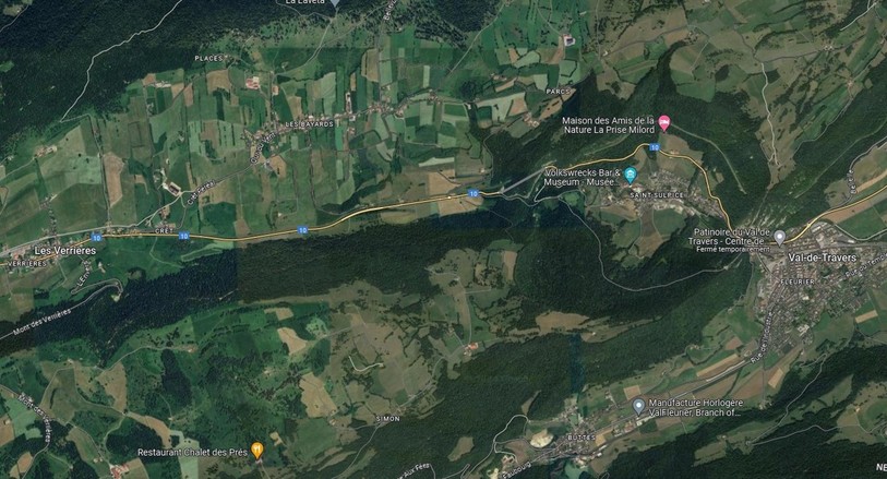 La route entre Fleurier et Les Verrières est à nouveau ouverte. (Photo : Google Maps 2024 Airbus, CNES)