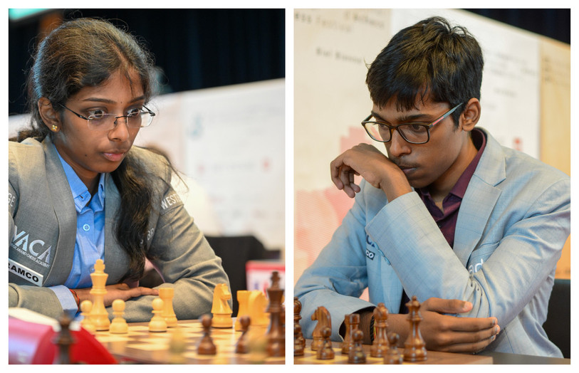 Vaishali (à gauche) et son frère Praggnanandhaa sont tous deux engagés dans le tournoi des Grands Maîtres. Lundi, ils occupaient le 9e rang mondial de leur catégorie. (Photos : Festival international d’échecs de Bienne)