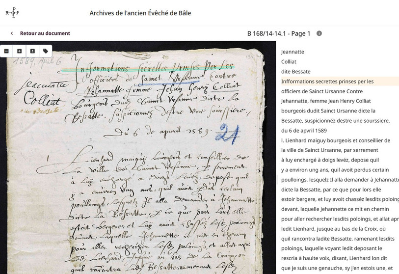 Transcription d'une déposition contre une femme accusée de sorcellerie datant du 6 avril 1589.