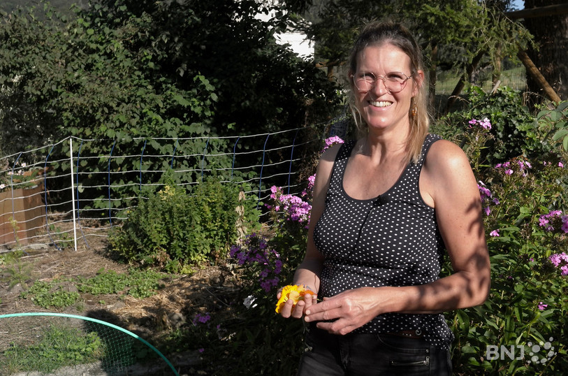 Katiou Racine cherche dans son jardin les légumes ou fleurs qui parfument sa cuisine.