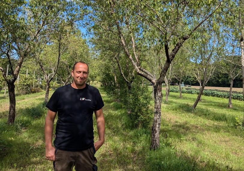 Quentin Ducommun devant une partie de sa plantation d’amandiers. 