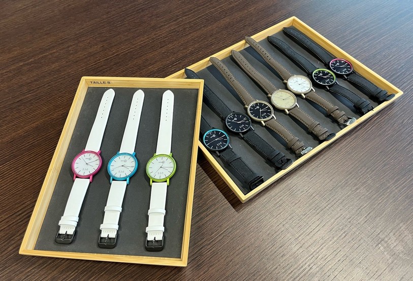 Les montres solaires de la nouvelle collection lancée vendredi par l'entreprise Norkom à Montfaucon. 