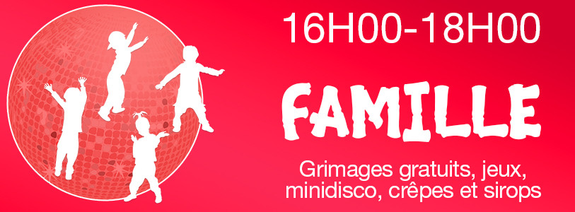programme famille jusqu'à 18h avec grimages gratuits, minidisco, jeux, crêpes et sirops