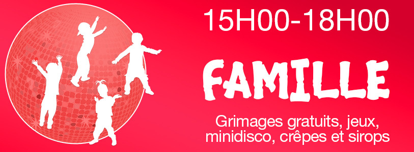 programme famille jusqu'à 18h avec grimages gratuits, minidisco, jeux, crêpes et sirops