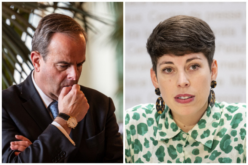 Gerhard Pfister s’est déplacé à Courtételle pour apporter son soutien à Stéphane Theurillat, tandis que Lisa Mazzone est venue à Cornol pour appuyer la candidature de Pauline Godat. (Photos : Parlament.ch / Pascal Mora et KEYSTONE / Anthony Anex).