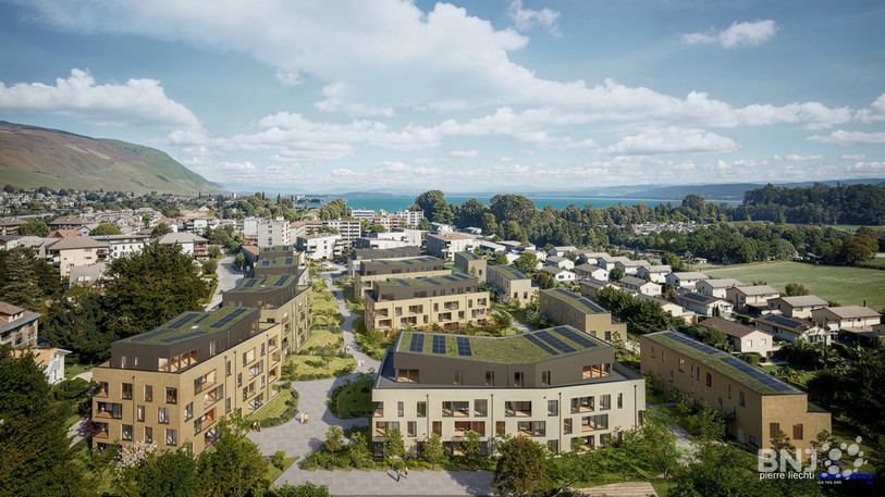Le quartier « Les Pêches-derrière-l’Église » est le plus important projet immobilier du Landeron depuis les années 1970. (Crédits photo : Pierre Liechti Architectes)