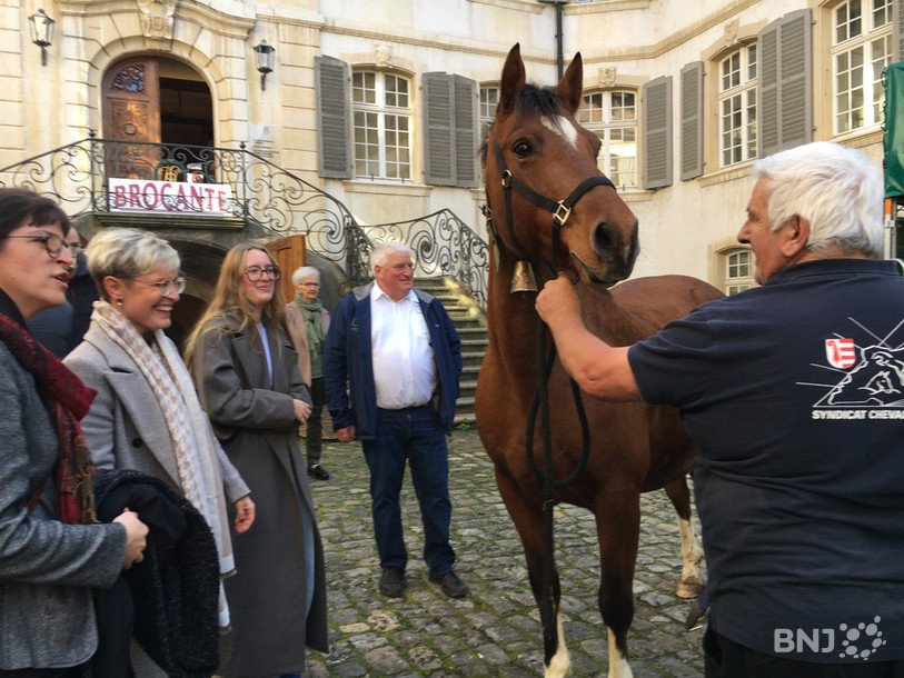 Pascal Chapuis, du Syndicat chevalin d'Ajoie, a « lâché les chevaux » comme le souhaitait la présidente du Gouvernement jurassienne Rosalie Beuret Siess, accompagnée par présidente du Parlement, Pauline Godat.