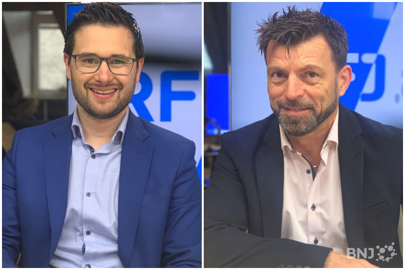 De gauche à droite : le président du Centre Jura Mathieu Cerf et le président des Vert'libéraux jurassiens Didier Receveur.