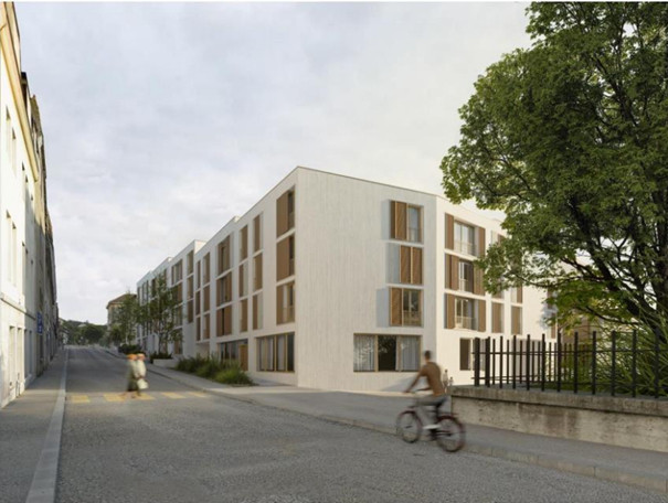Voilà à quoi devrait ressembler la cité-jardin depuis la rue du Gravier. (Montage photo : Staehelin Partner SA).