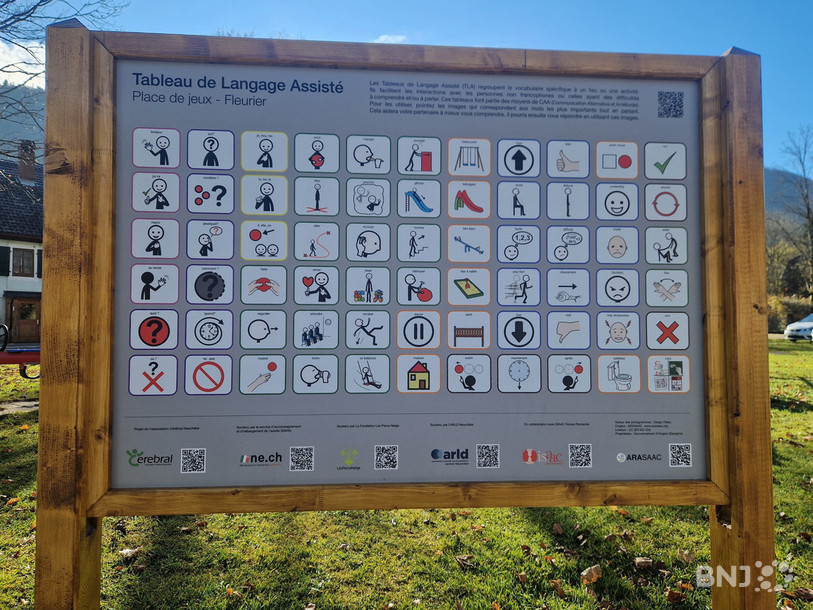 Le tableau de langage assisté de la place de jeu de Fleurier. On peut également en trouver un à Couvet, ainsi que dans plusieurs places de jeu de Neuchâtel.