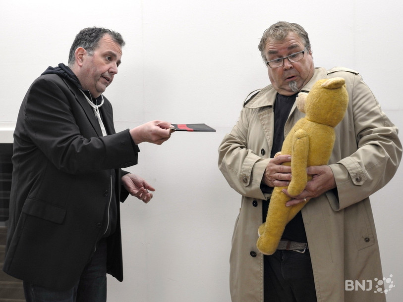 Olivier Etique et Francis Charmillot avec Archimède en répétition de la pièce de Thierry Meury.