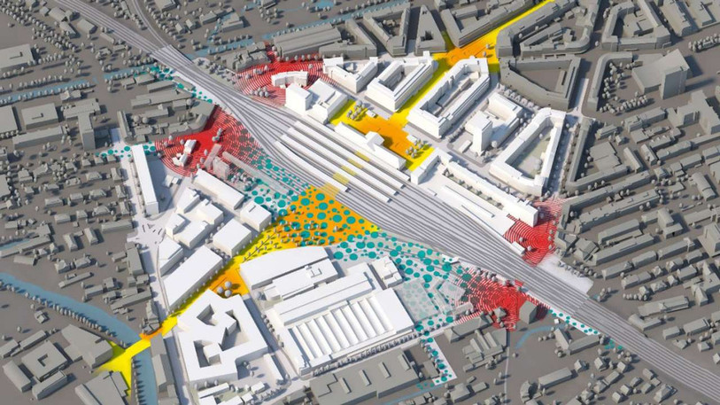 Trois principes clés définissent le concept d’affectation: favoriser la traversée piétonne (en jaune), créer quatre nouveaux parvis comme points d’entrée vers la gare (en rouge), et aménager un espace public ouvert et végétalisé (en bleu) (Photo : Ville de Bienne).