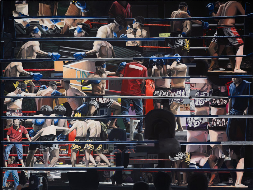 L’œuvre d’Olivier Robert avec les dix lignes, représentants des cordes du ring de boxe. (Photo : Olivier Robert).