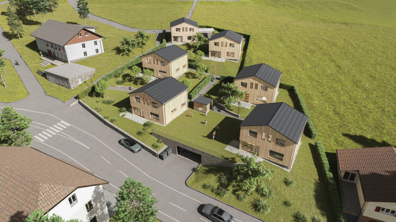 Image de synthèse de la première phase du projet ; soit les six maisons construites en bois local. (Photo : Pierre Bühler SA).