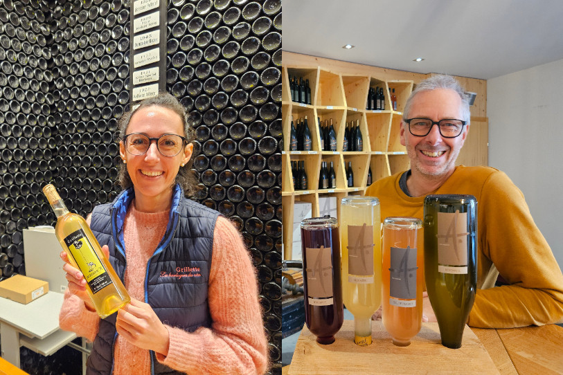 Annie Rossi, &oelig;nologue et directrice de la cave de la Grillette (&agrave; gauche) et Jean-Claude Angelrath, propri&eacute;taire de la cave Angelrath au Landeron.