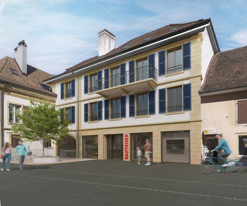 Le bâtiment de la Banque Raiffeisen à Colombier sera rénové et modernisé. (Photo : Banque Raiffeisen Neuchâtel et Vallées).