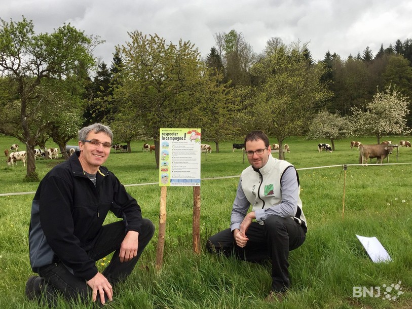 Thierry Blaser, paysan à Courtedoux (à g.) et Michel Darbellay, directeur de la Chambre jurassienne d’agriculture, posent à côté du nouveau panneaux « Bonne balade et merci de respecter la campagne ! ».  